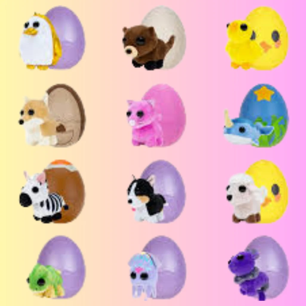 Adopt Me plush toy animals with colorful surprise eggs on a pastel background