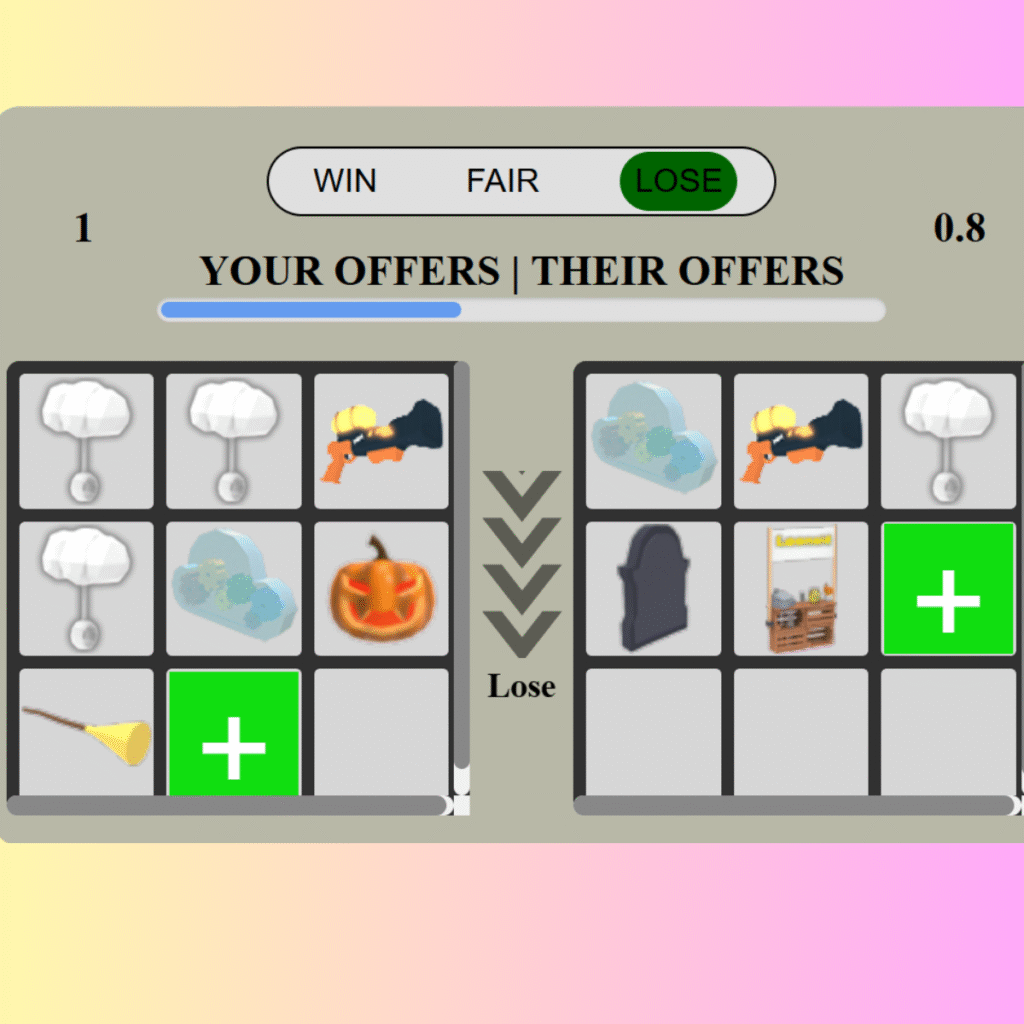 Adopt Me trade comparison screen showing item values and trade outcome as "Lose"