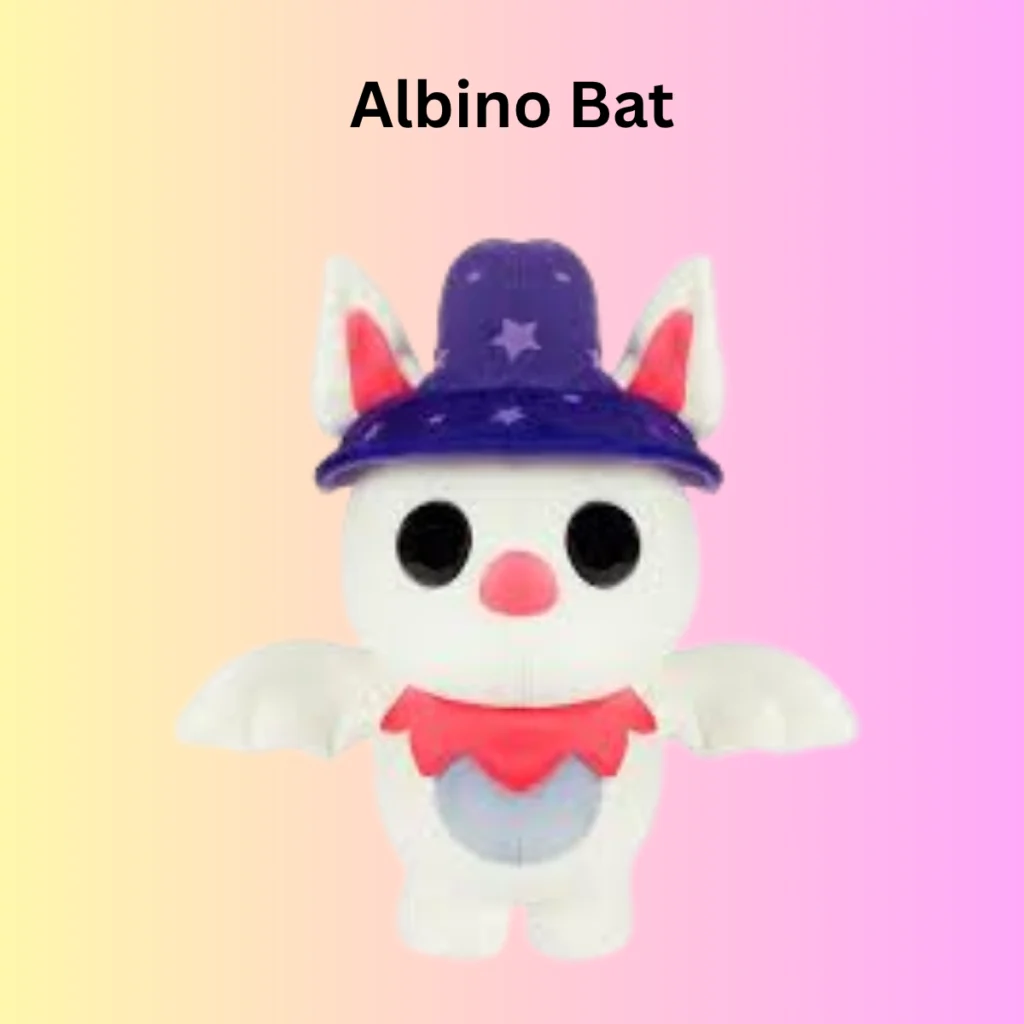 Albino Bat pet from Adopt Me wearing a purple wizard hat on a pastel gradient background.