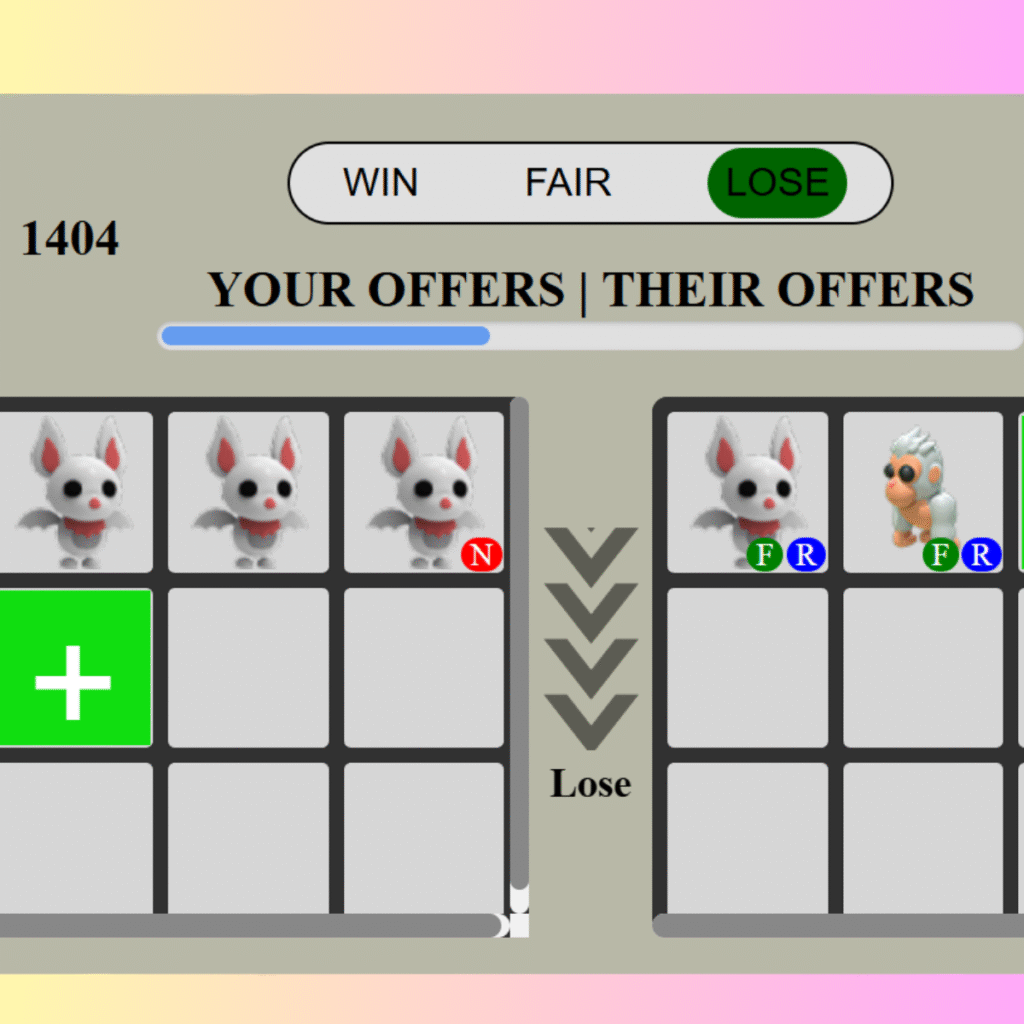 Adopt Me trade screen showing four Albino Bats offered for a Fly Ride Albino Bat and Fly Ride Silly Duck with trade result marked as “Lose”.