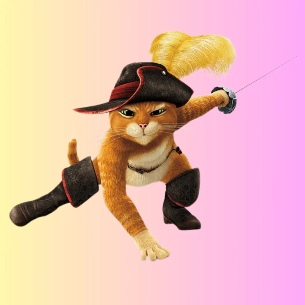 Puss in Boots in action pose wearing a feathered hat and holding a sword on a pastel gradient background.